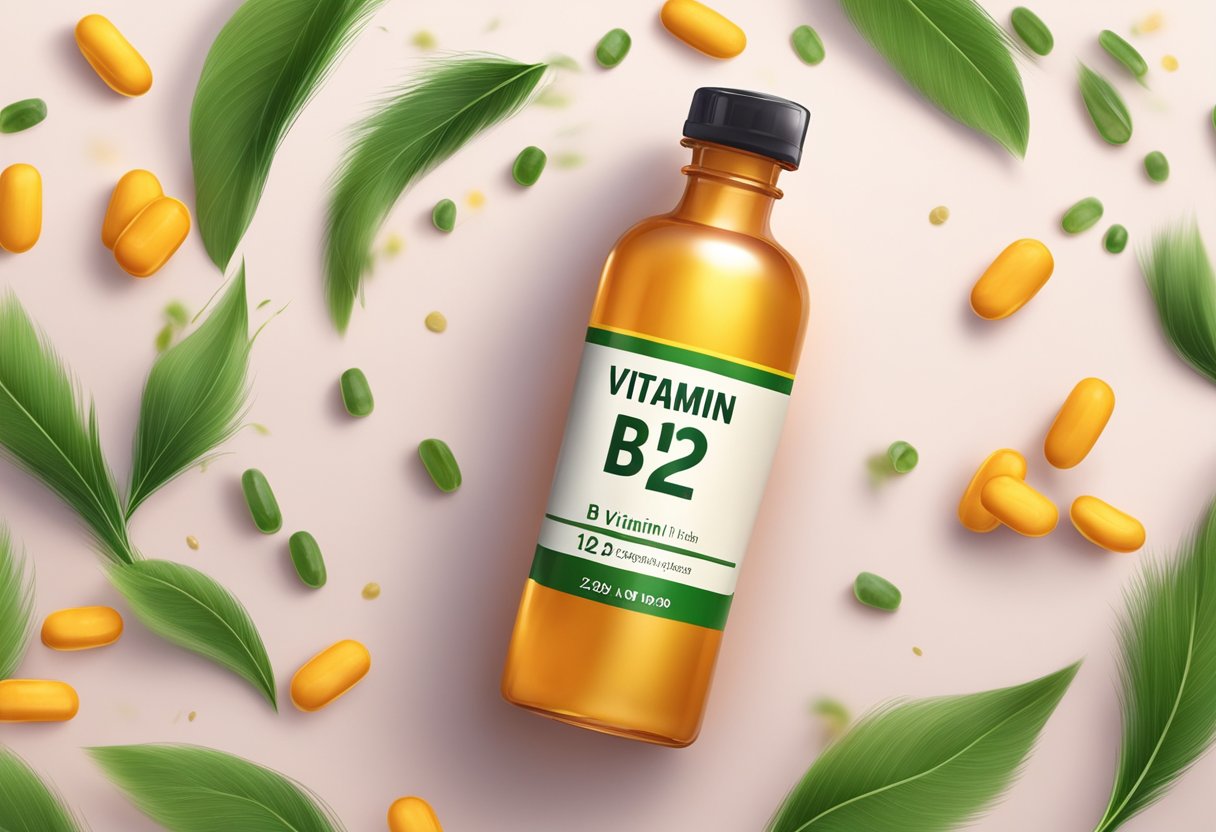 A bottle of vitamin B12 with a few strands of hair falling out