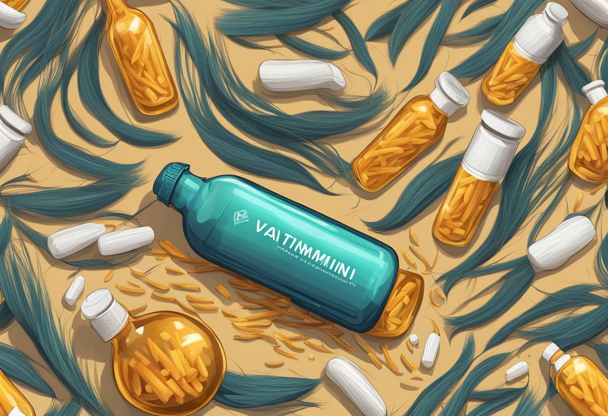 A bottle of vitamin A next to a pile of fallen hair strands