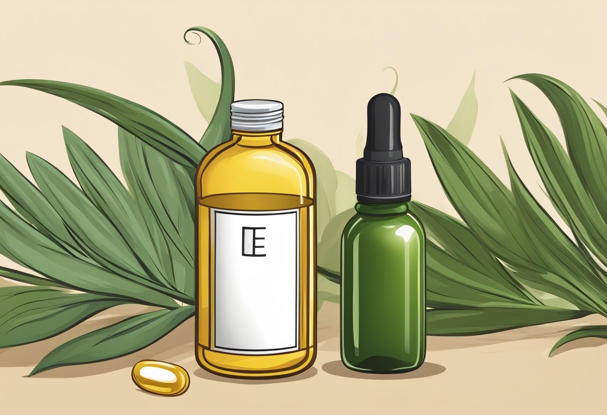 A bottle of vitamin E oil sits next to a healthy scalp, surrounded by lush, thick hair. A strand of hair lies on the ground, depicting hair loss