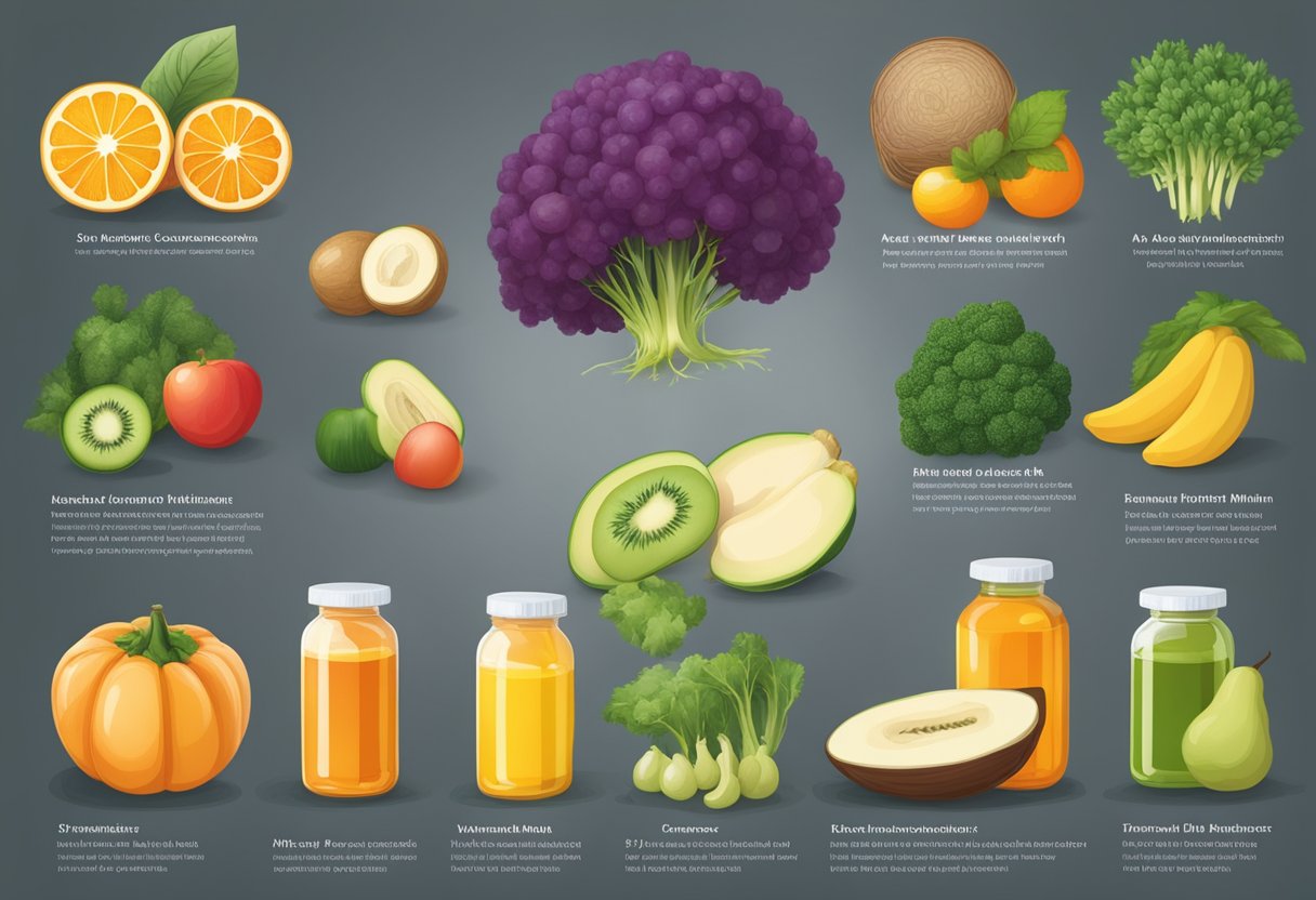 A table with various fruits, vegetables, and supplements rich in vitamins A, B, C, and D. A diagram showing hair follicles and their connection to vitamin deficiency