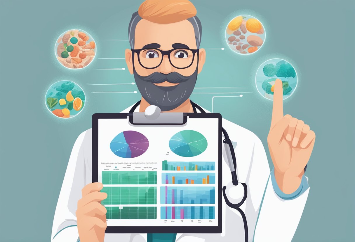 A doctor holding a chart showing vitamin deficiencies, pointing to the section on hair loss