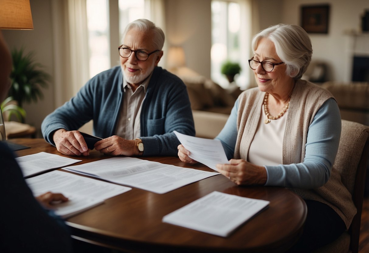 A cozy living room with a senior couple reviewing paperwork for a home loan, surrounded by financial documents and a friendly banker offering guidance