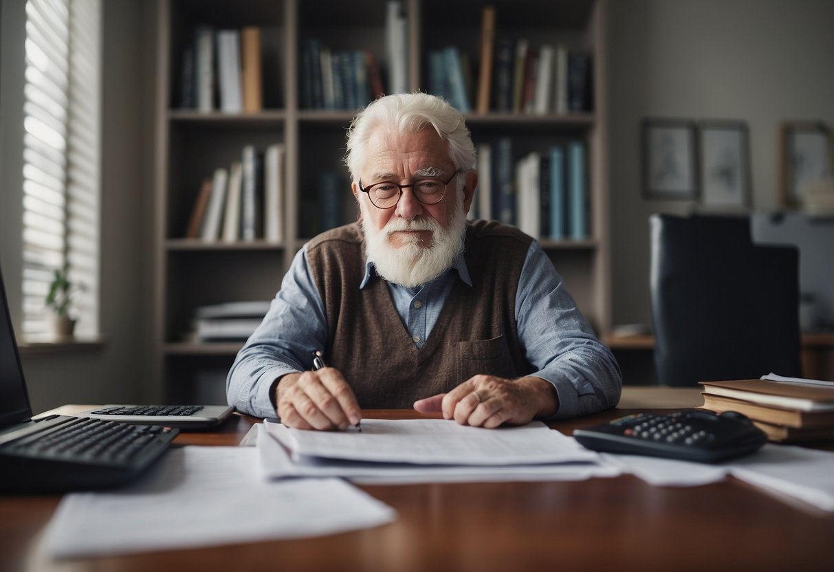 A senior sits at a desk with paperwork and a calculator, surrounded by documents and a laptop, preparing to apply for a home loan