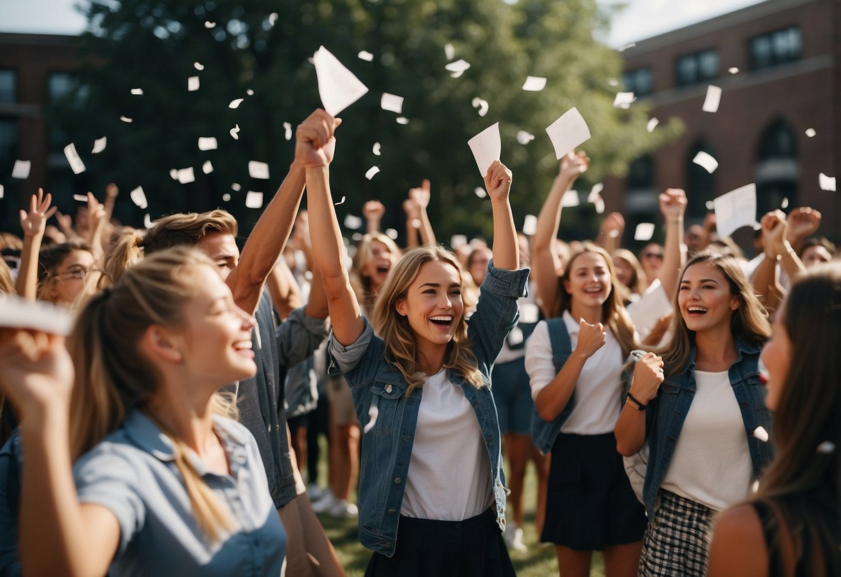 Students cheering, throwing papers in the air, hugging, and signing yearbooks on the last day of school