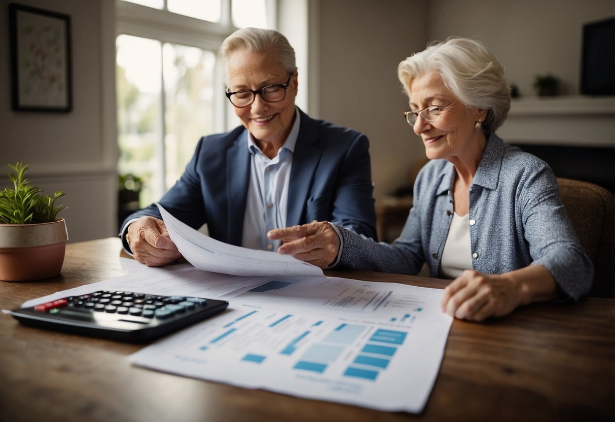 A senior couple reviewing financial documents at a table, with a calculator and mortgage papers spread out. An advisor gestures towards a chart showing different home loan options