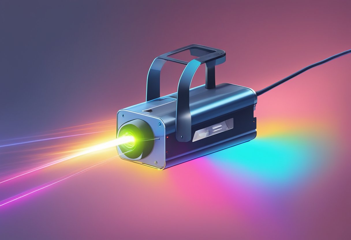 A laser emitting device is aimed at a surface, emitting a bright light