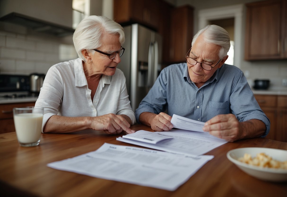 A senior couple reviews paperwork at a kitchen table, discussing home loan options. Financial documents and a calculator are spread out in front of them