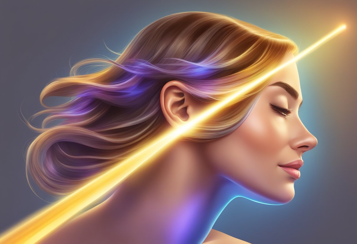 A laser beam targets hair follicles, emitting a warm sensation