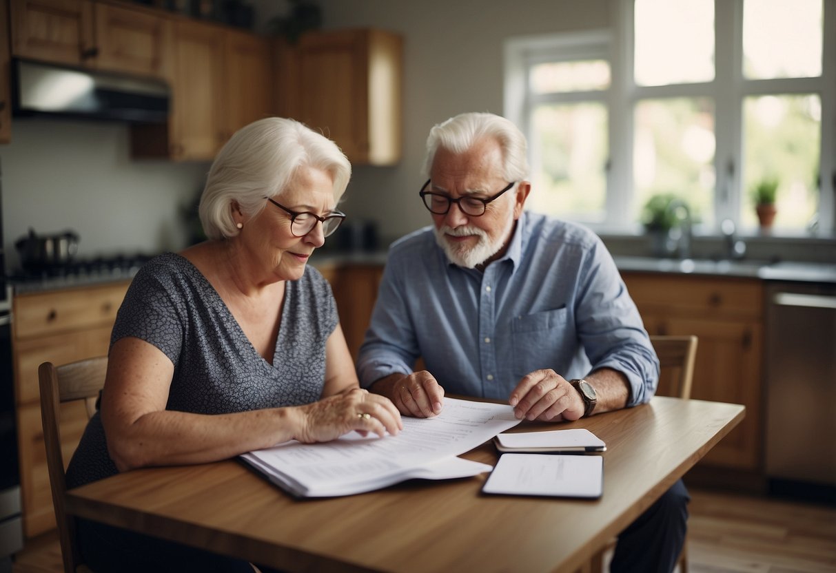 A senior couple sits at a kitchen table, reviewing paperwork with a mortgage broker. A laptop and calculator are on the table, while the broker explains the home loan process