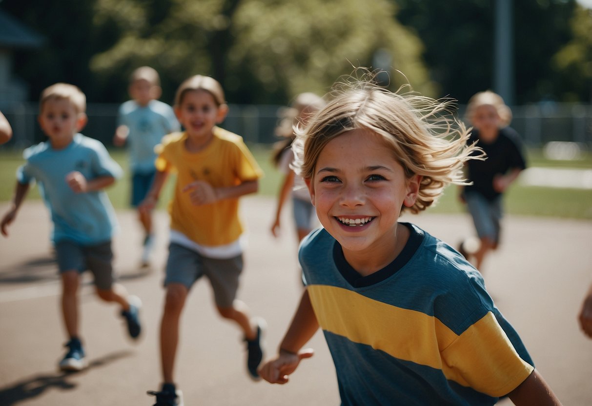 Children playing games, laughing, and running around on the school playground on the last day of school