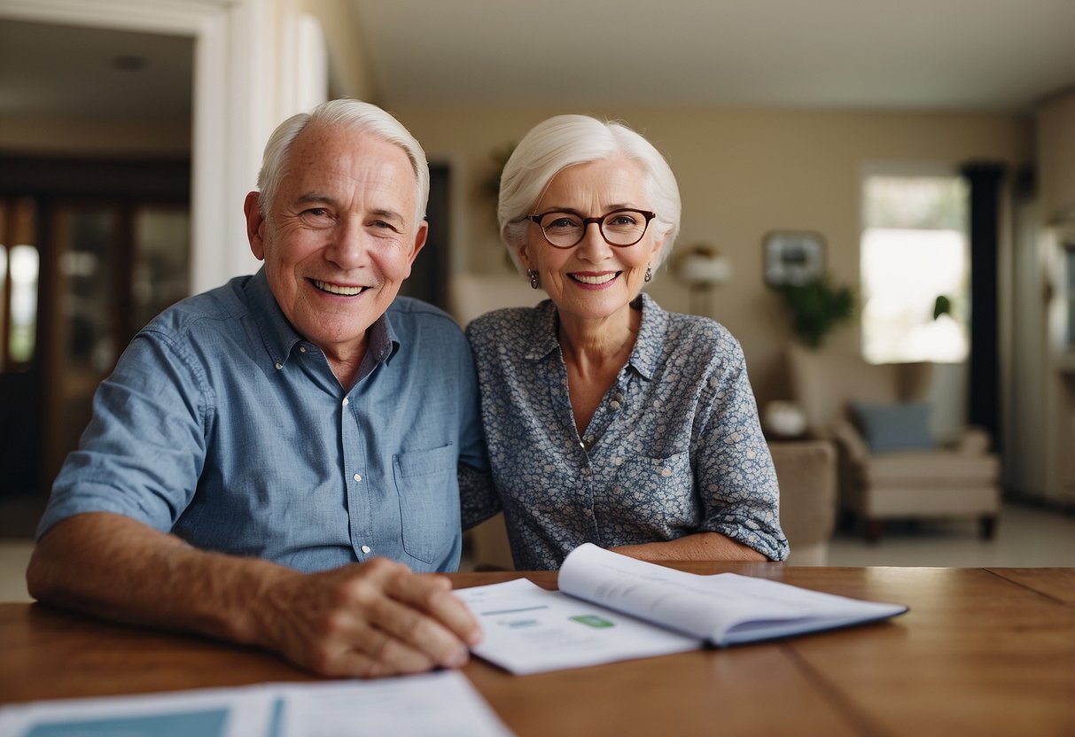 An elderly couple sits comfortably in their well-maintained home, surrounded by modern amenities and adaptive features. Financial documents and a friendly loan officer indicate their successful financing for aging in place