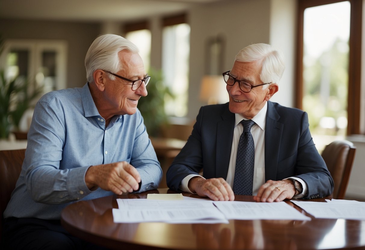 A senior couple sits at a table, reviewing paperwork with a bank representative. The couple looks engaged and interested in the conversation, while the representative gestures and explains details about home loans