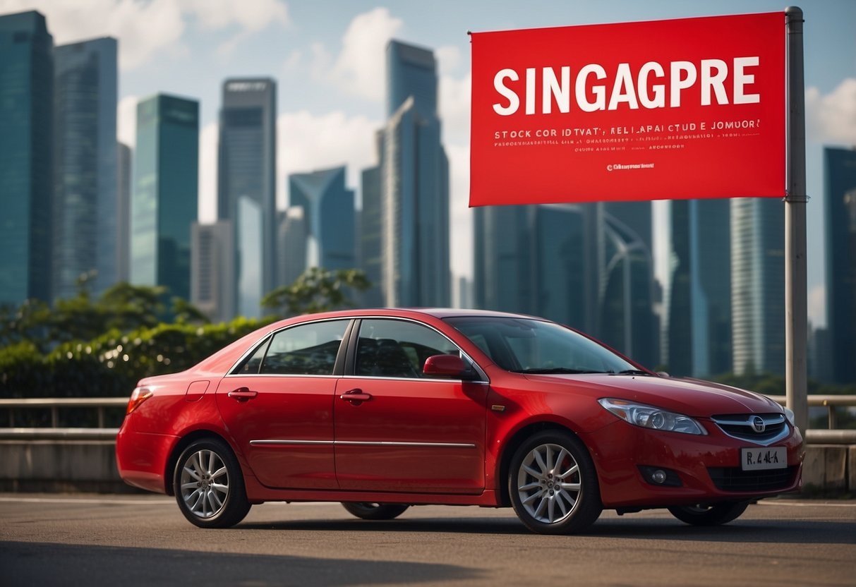A bright red economy car sits in front of a Singapore skyline, with a promotional banner draped across the vehicle