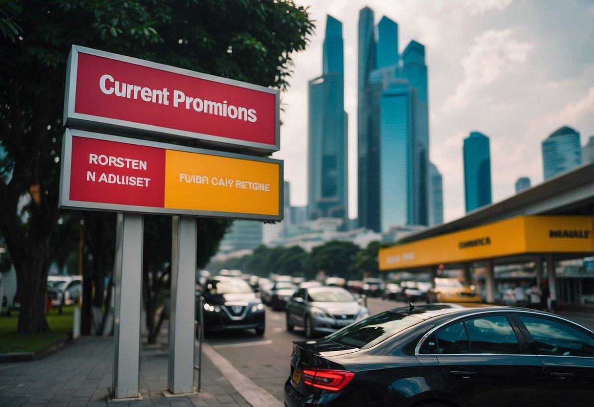 A bright, colorful sign displays "Current Promotions in Car Rentals" with images of economy cars and the skyline of Singapore in the background