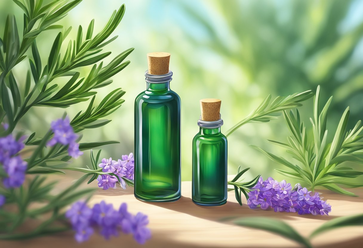 A bottle of rosemary oil sits next to a lush green plant with small purple flowers, surrounded by sunlight