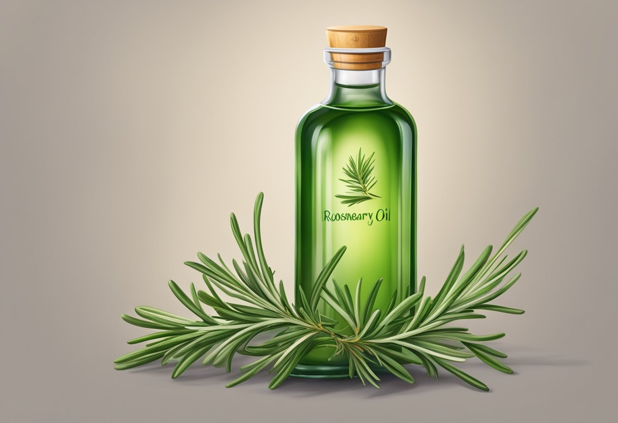 A bottle of rosemary oil surrounded by fresh rosemary sprigs, with a few strands of hair visibly growing longer and thicker