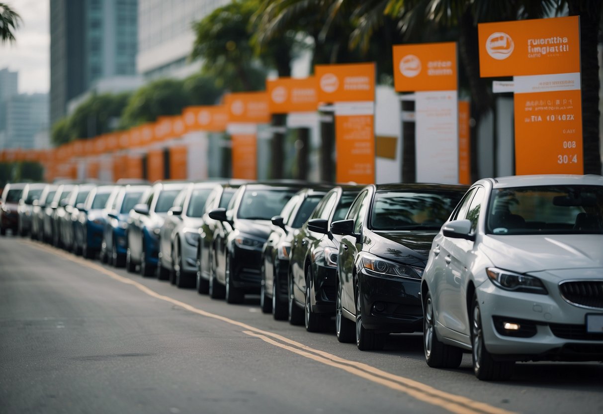 A line of economy cars parked at a rental office in Singapore, with promotional banners displayed