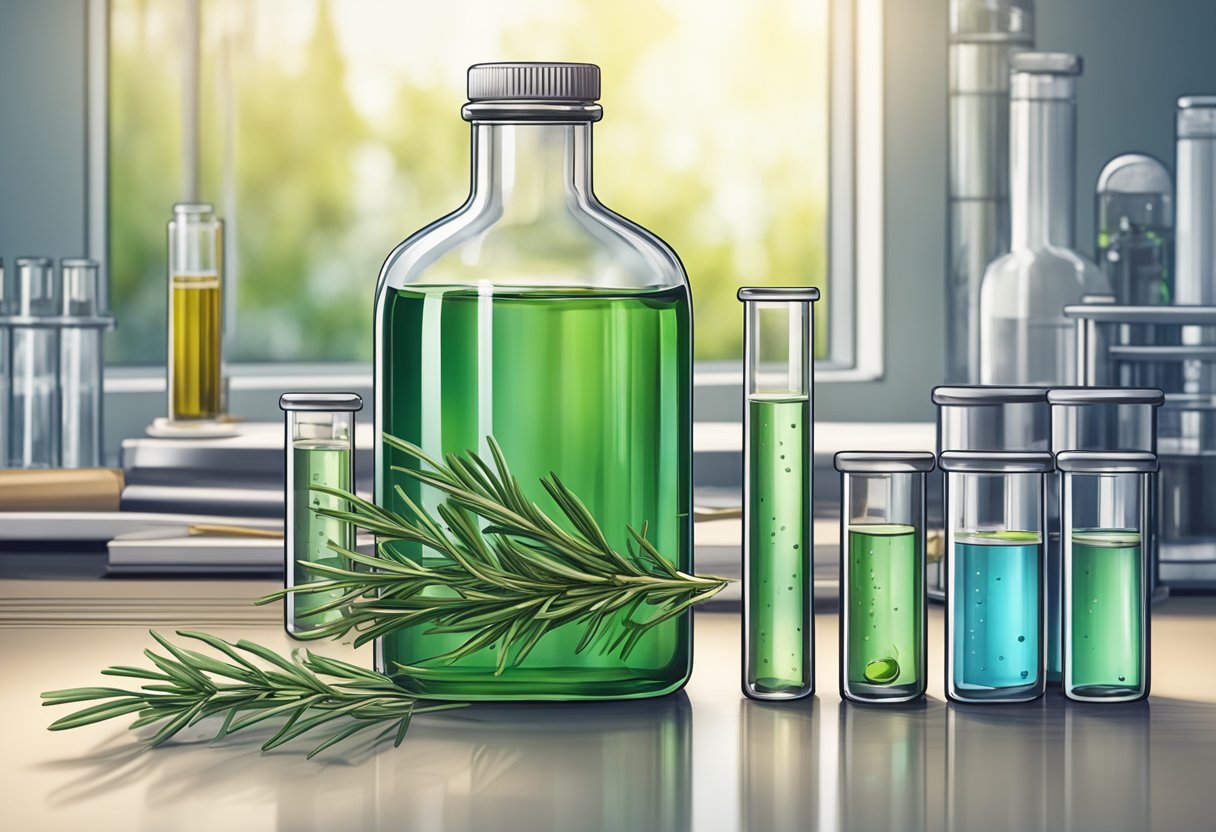 A bottle of rosemary oil sits on a laboratory table, surrounded by test tubes and scientific equipment. A graph in the background shows hair growth results