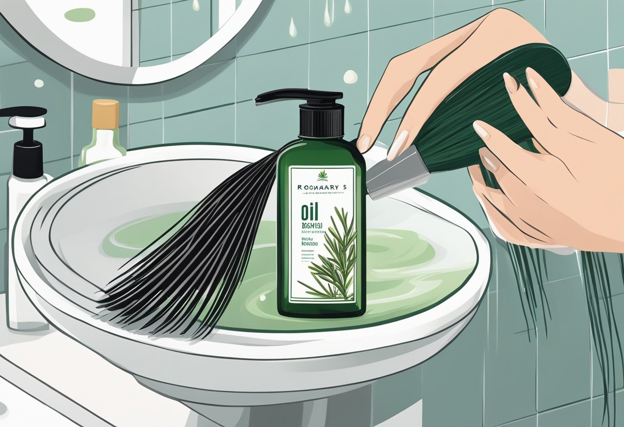 A bottle of rosemary oil sits on a bathroom counter, with a few drops being poured onto a hairbrush. A woman's long, healthy hair is depicted growing from the brush
