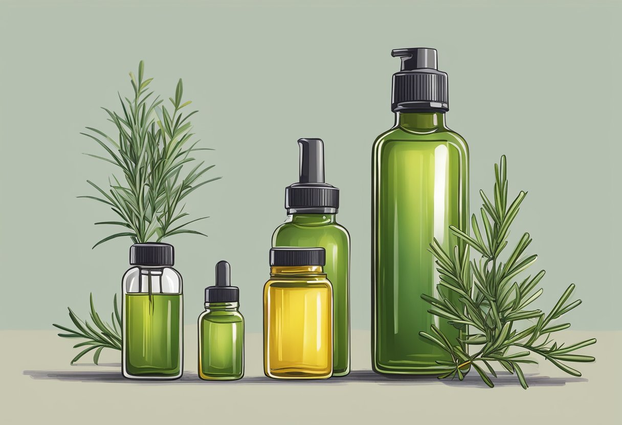 A bottle of rosemary oil stands next to other hair growth treatments