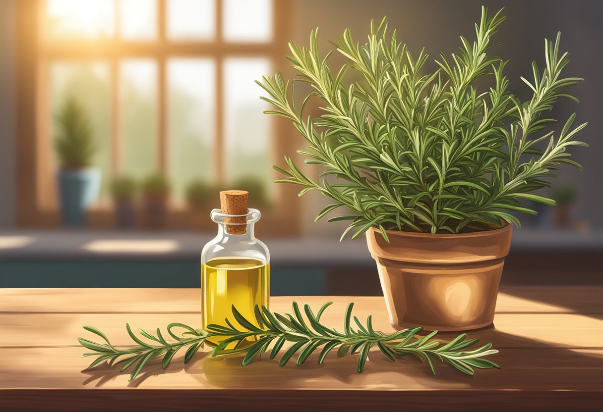 Rosemary oil bottle on a wooden table next to a potted rosemary plant. Sunlight streaming in through a window, casting a warm glow