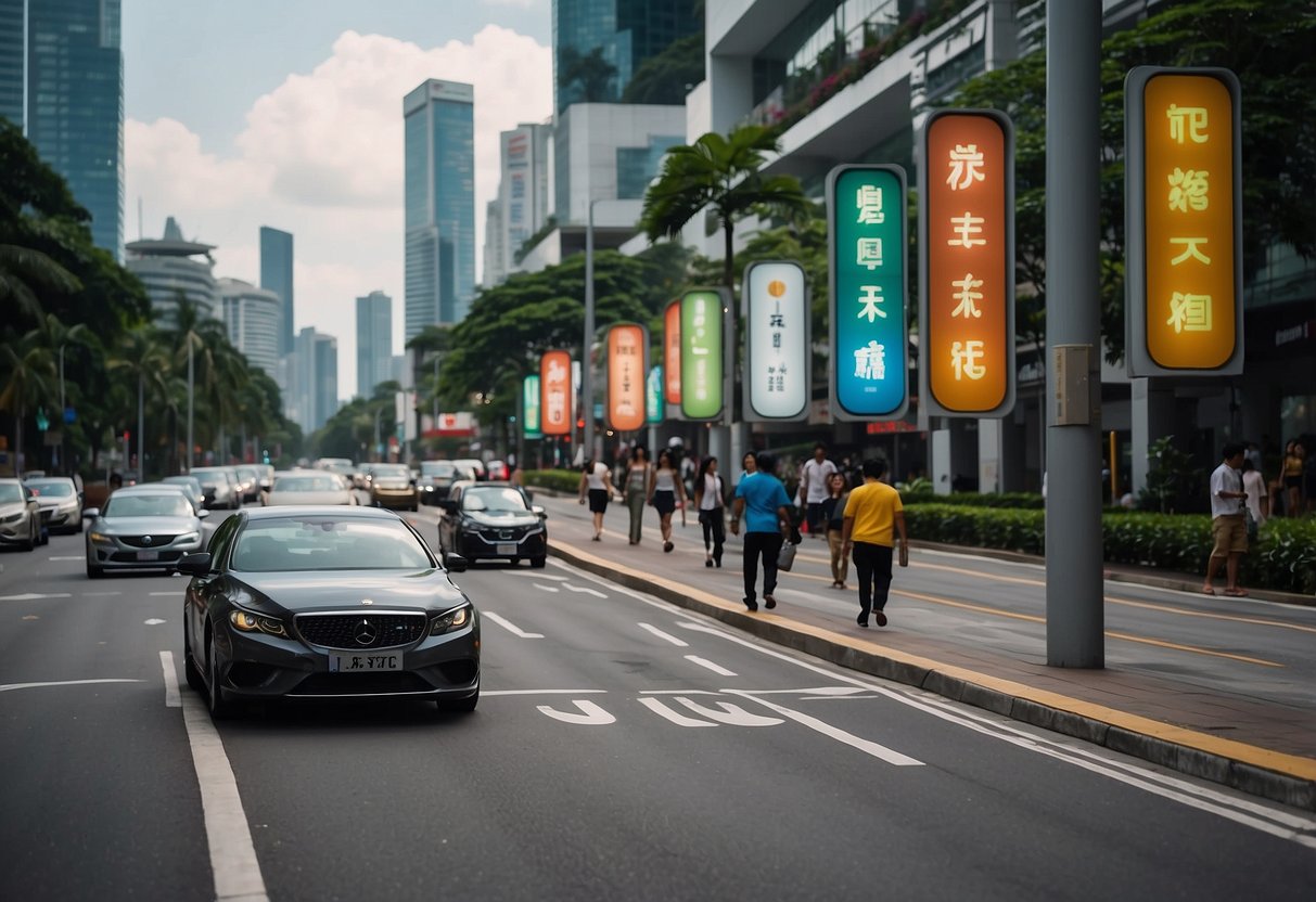 A bustling city street with colorful signage promoting economy car rentals in Singapore. Pedestrians walk by, while a line of cars waits at a nearby traffic light