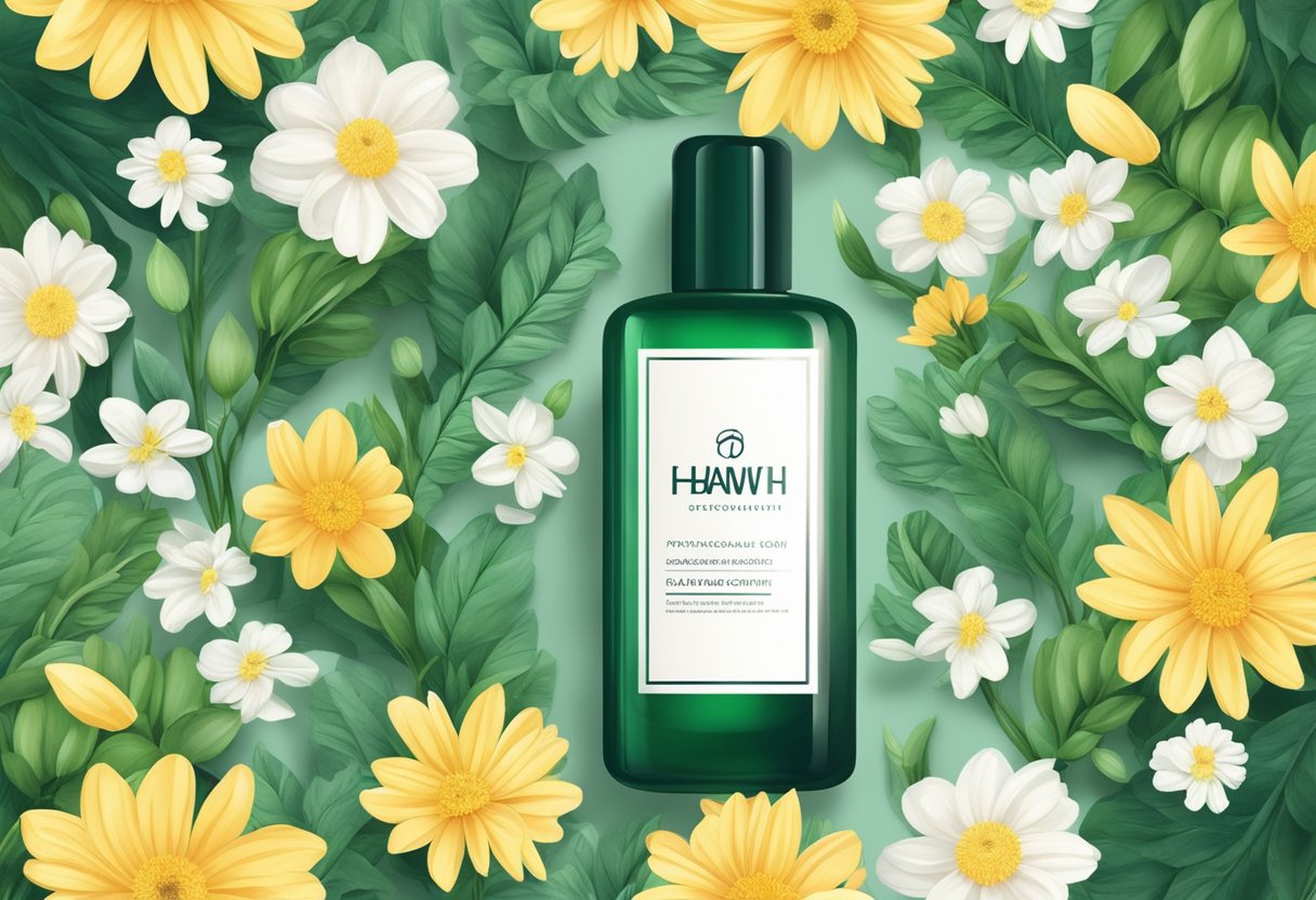 A bottle of hair growth serum surrounded by blooming flowers and lush greenery, symbolizing the potential for rapid hair growth