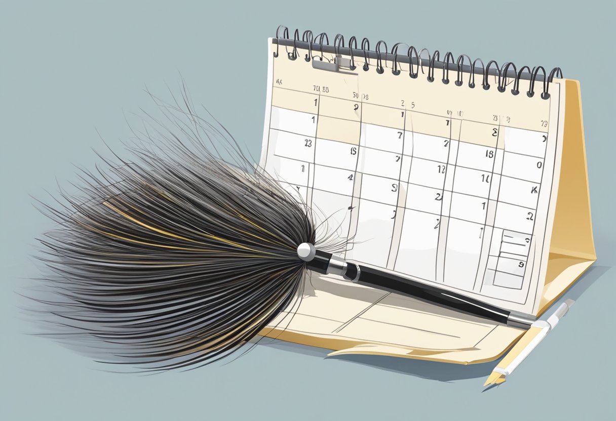 Hair strands growing from a calendar, with a ruler measuring the length. A stopwatch shows the passing of time