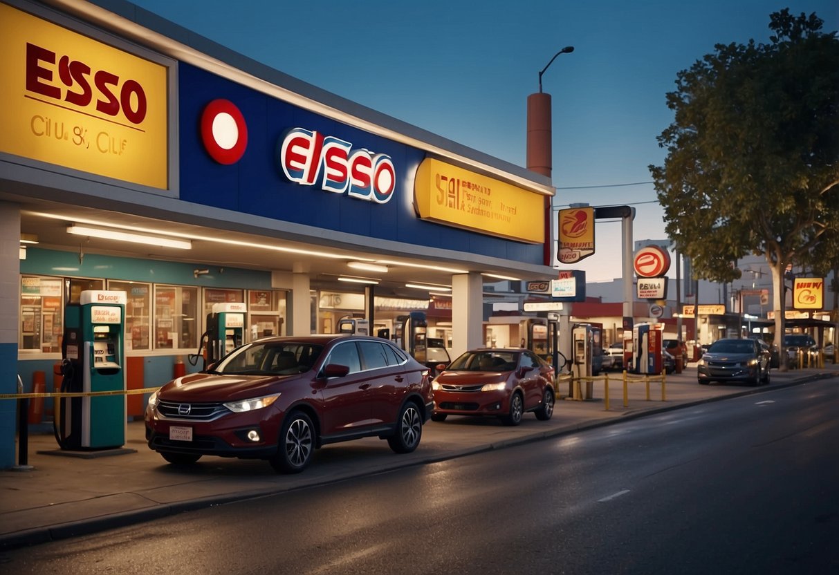 A bustling city street with a prominent Esso gas station, colorful promotional banners, and a steady flow of customers and vehicles