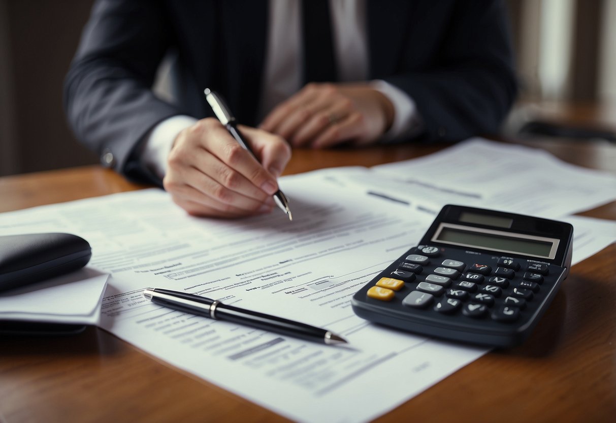 A person signing paperwork for a salary sacrifice home loan, with a calculator and tax forms on the table