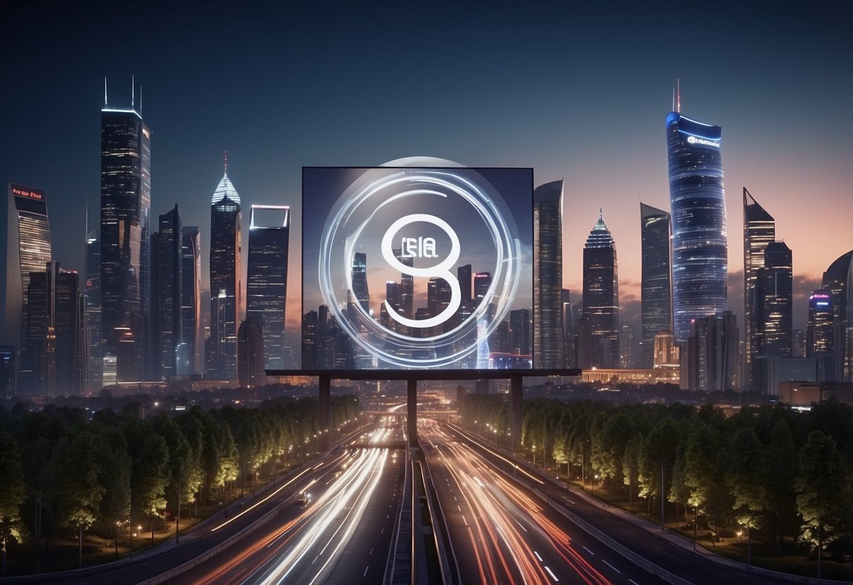 A futuristic city skyline with a prominent Esso logo displayed on a large digital billboard, surrounded by bustling streets and illuminated skyscrapers
