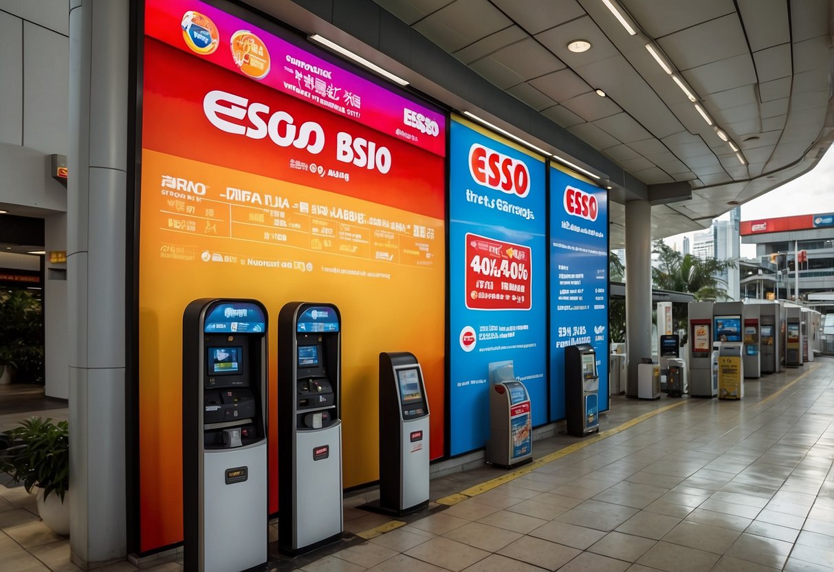 Vibrant banners and signage display "Exclusive Deals for 2024" at an Esso station in Singapore, with eye-catching promotional offers
