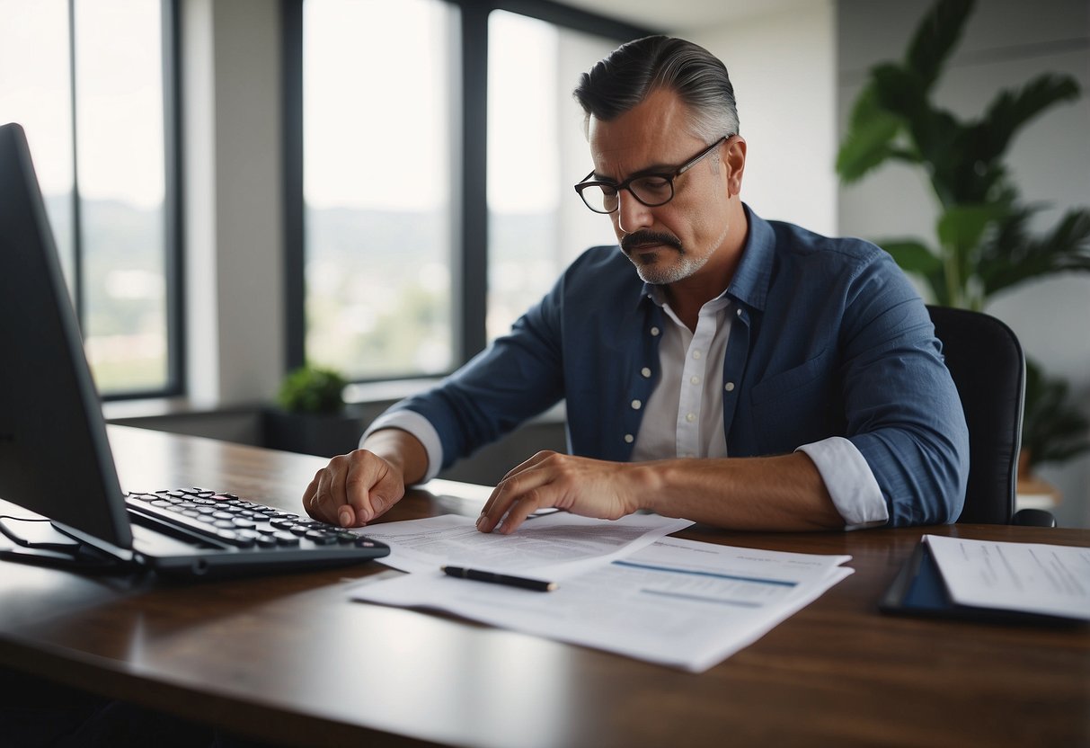 A person completing paperwork for a salary sacrifice home loan at a desk with a calculator and documents