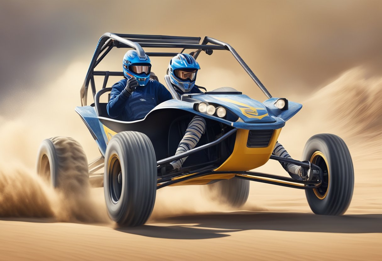 A 150cc dune buggy speeds across the sandy terrain, kicking up clouds of dust as it races along at high speed