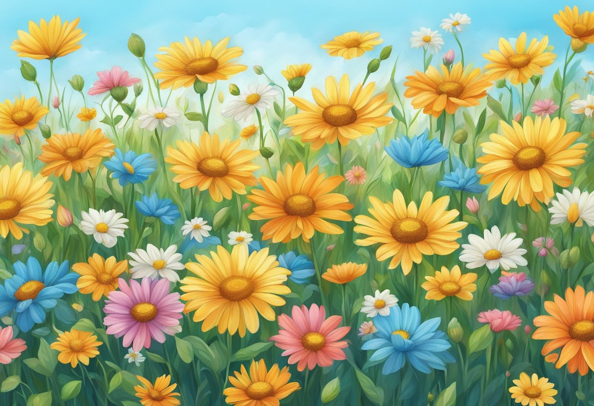 A field of vibrant, blooming flowers with a clear blue sky and a gentle breeze, symbolizing the rapid and healthy growth of hair