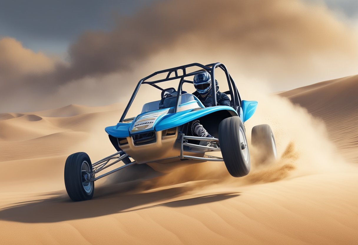 A 150cc dune buggy speeds across the sandy terrain, kicking up clouds of dust as it races through the desert landscape