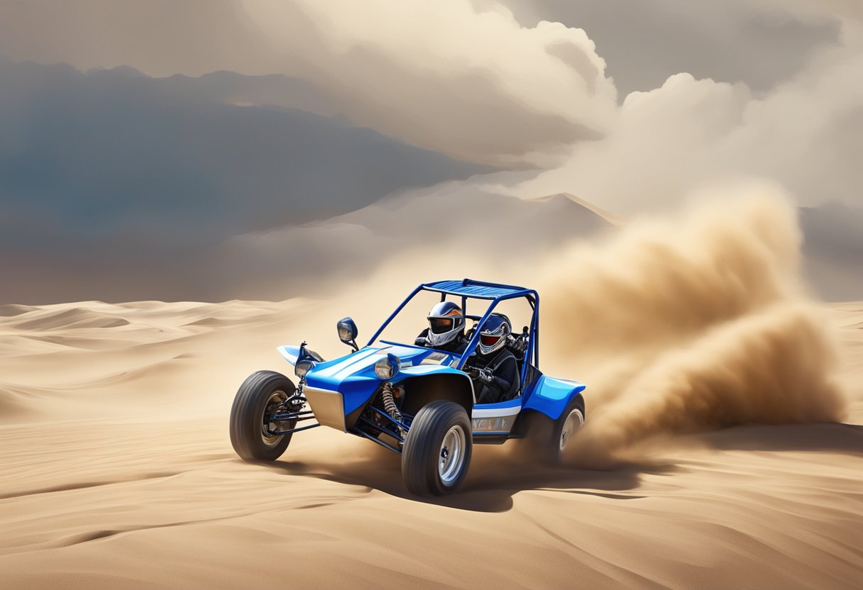 A 250cc dune buggy speeds across the sandy terrain, kicking up clouds of dust as it races along at an exhilarating pace