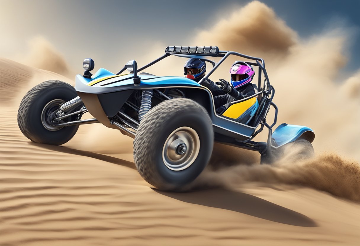 A 150cc dune buggy zooms across a sandy desert terrain, kicking up clouds of dust as it races at high speed