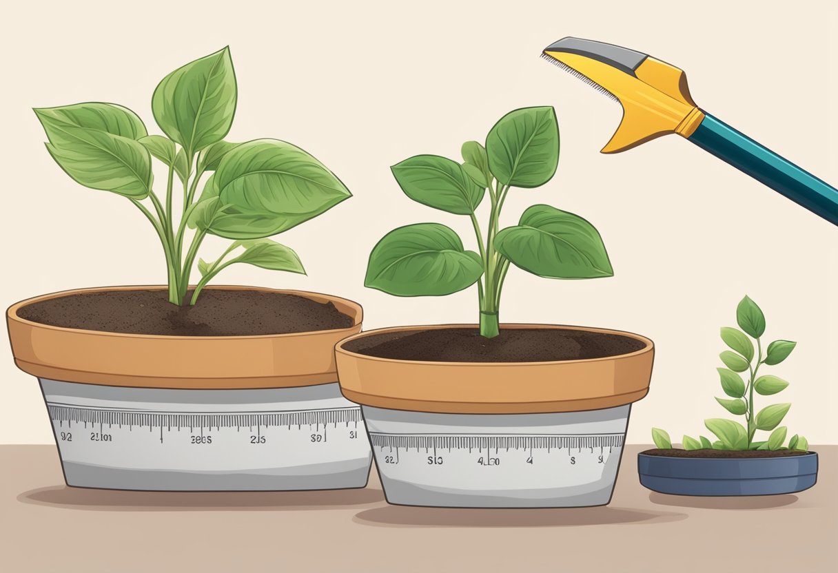 A plant growing in a pot, with a ruler next to it showing the progression of growth over time