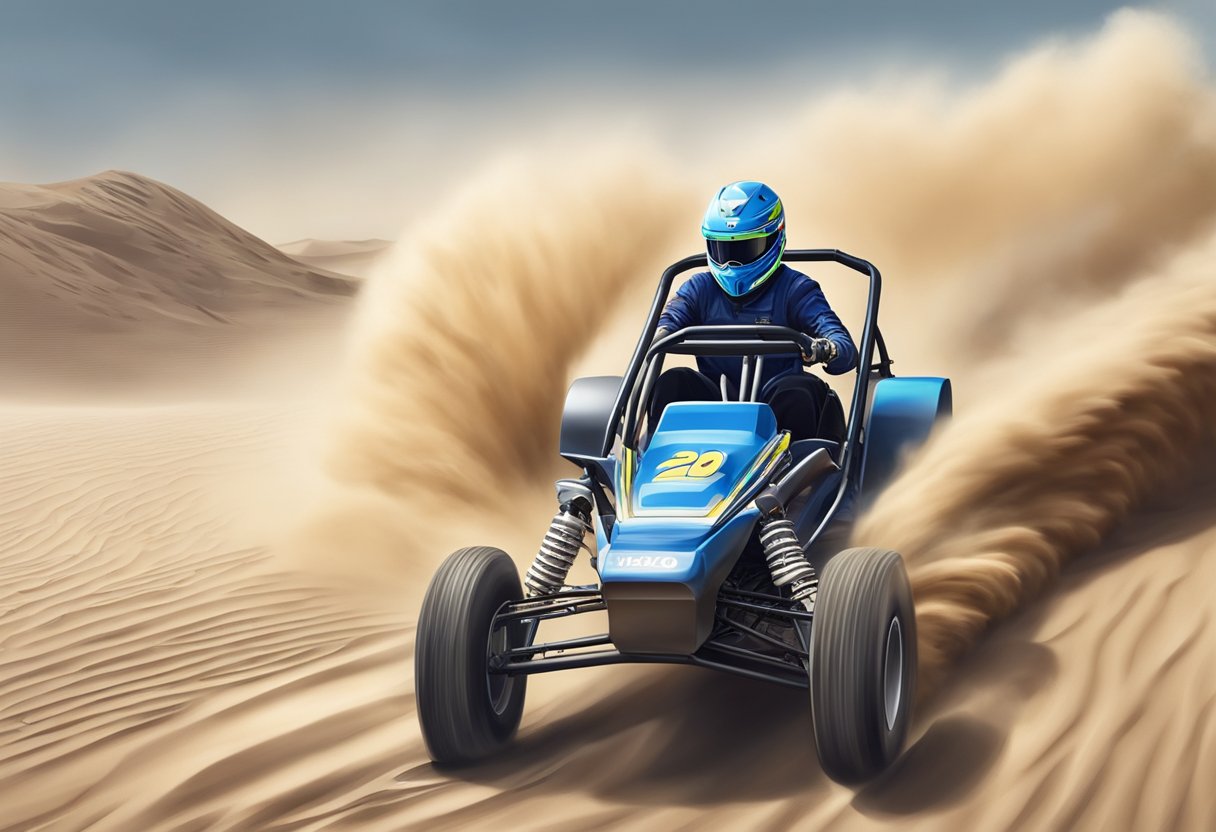 A 250cc dune buggy speeds across the sandy terrain, kicking up clouds of dust as it races along at top speed