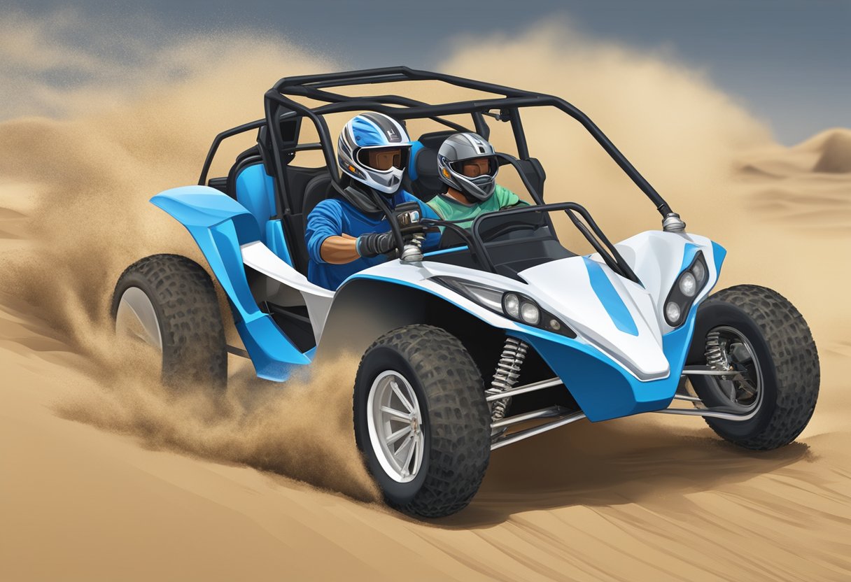 A 150cc dune buggy speeds across the sandy terrain, reaching an average speed range of 40-50 miles per hour