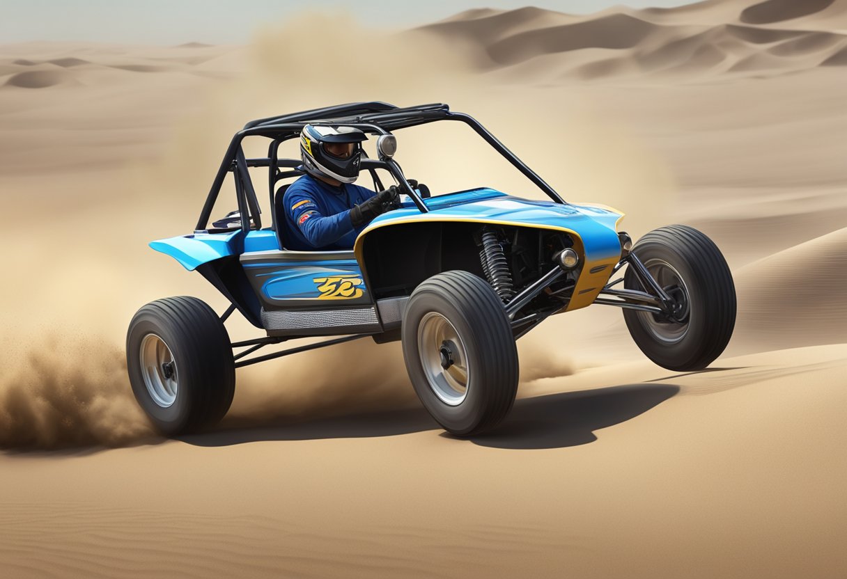 A 250cc dune buggy races across the sandy terrain, kicking up clouds of dust as it reaches its top speed