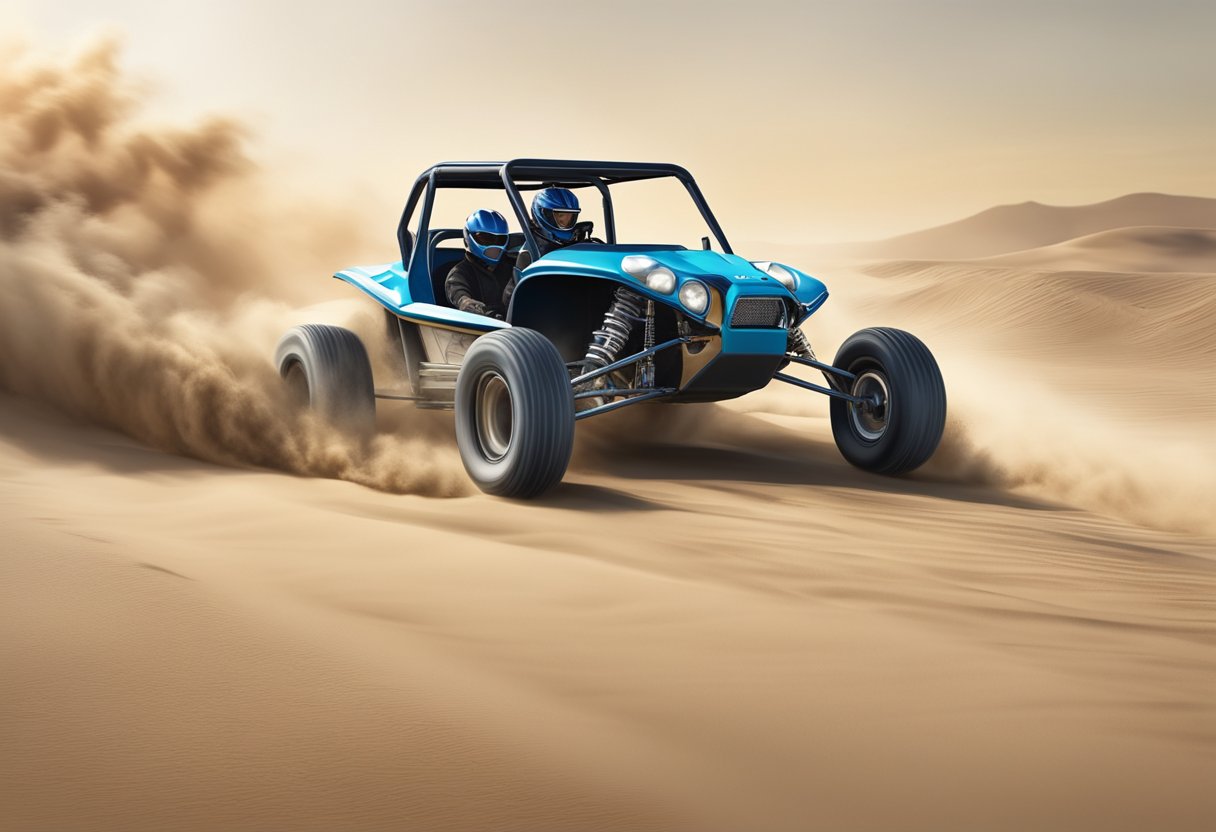 A 150cc dune buggy zooms across the sandy terrain, kicking up clouds of dust as it reaches top speeds