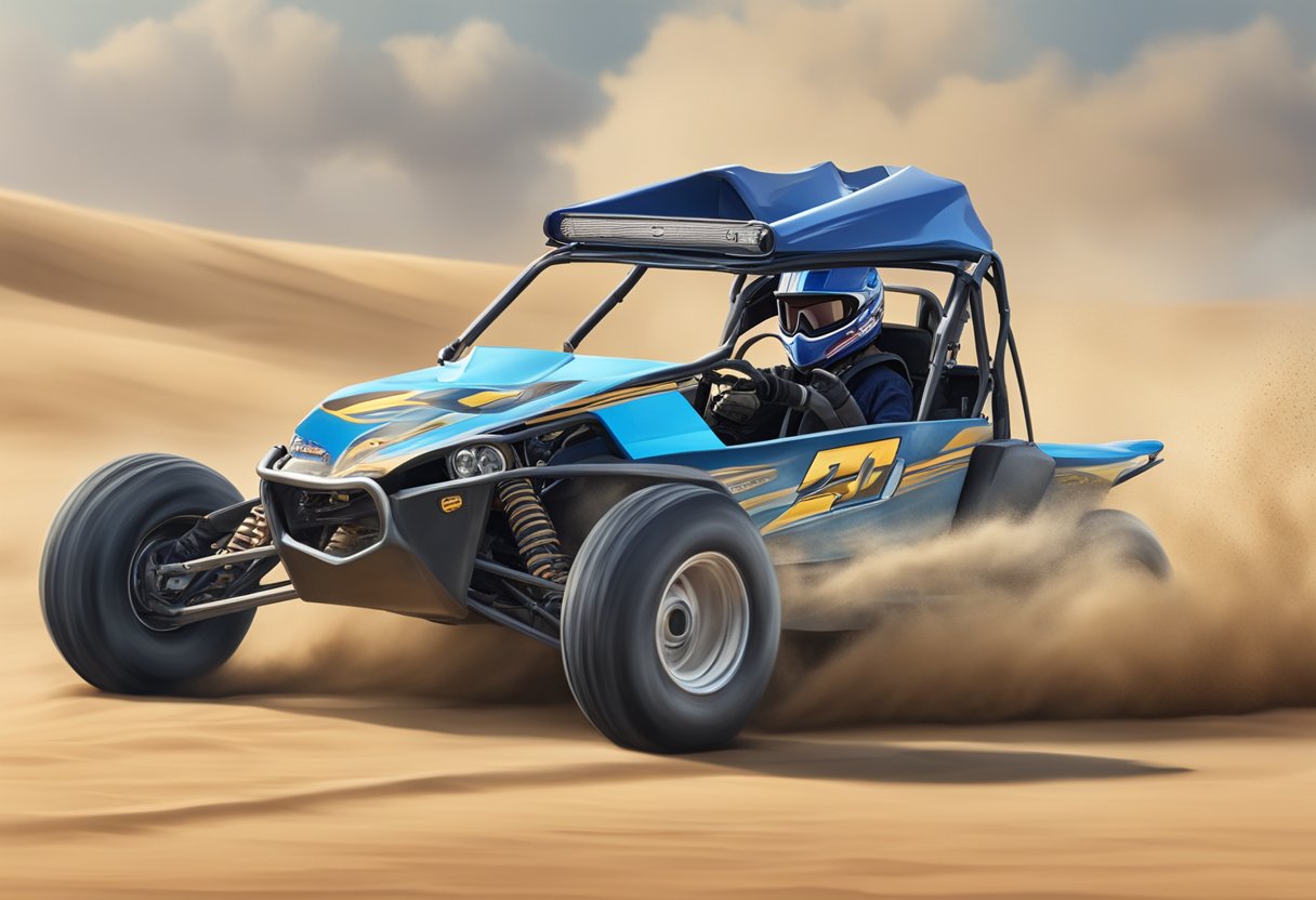 A 250cc dune buggy races across the sandy terrain, kicking up clouds of dust as it reaches its average speed range