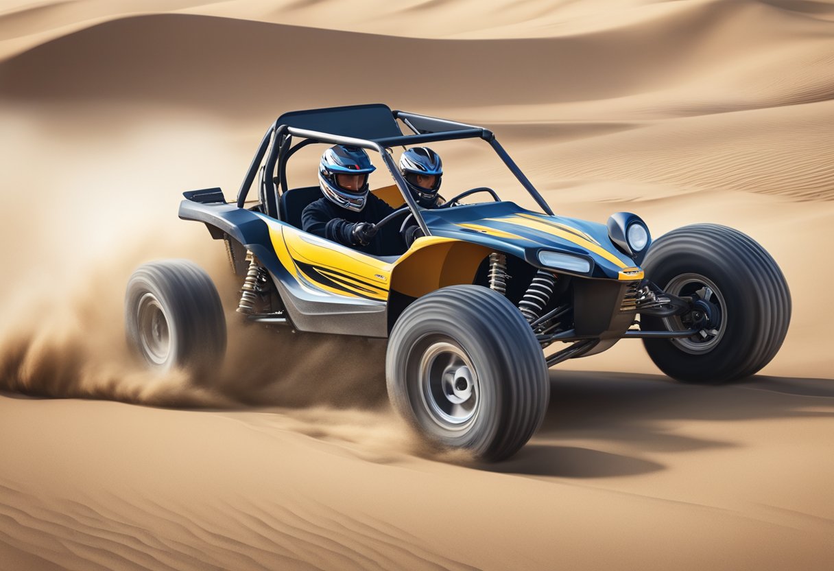 A 150cc dune buggy speeds along a desert trail, kicking up sand and leaving a trail of dust behind as it reaches high speeds