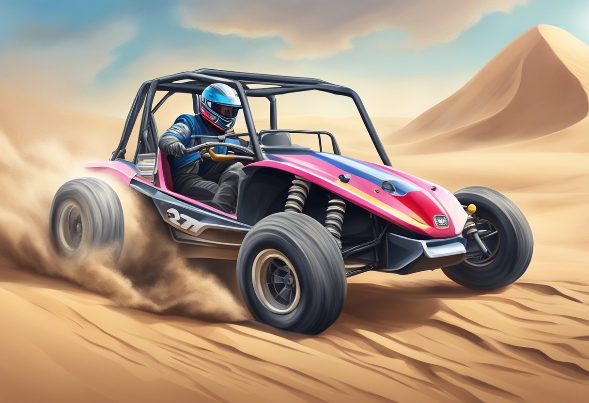 A 250cc dune buggy speeds across the sandy terrain, kicking up clouds of dust as it races along the open desert landscape