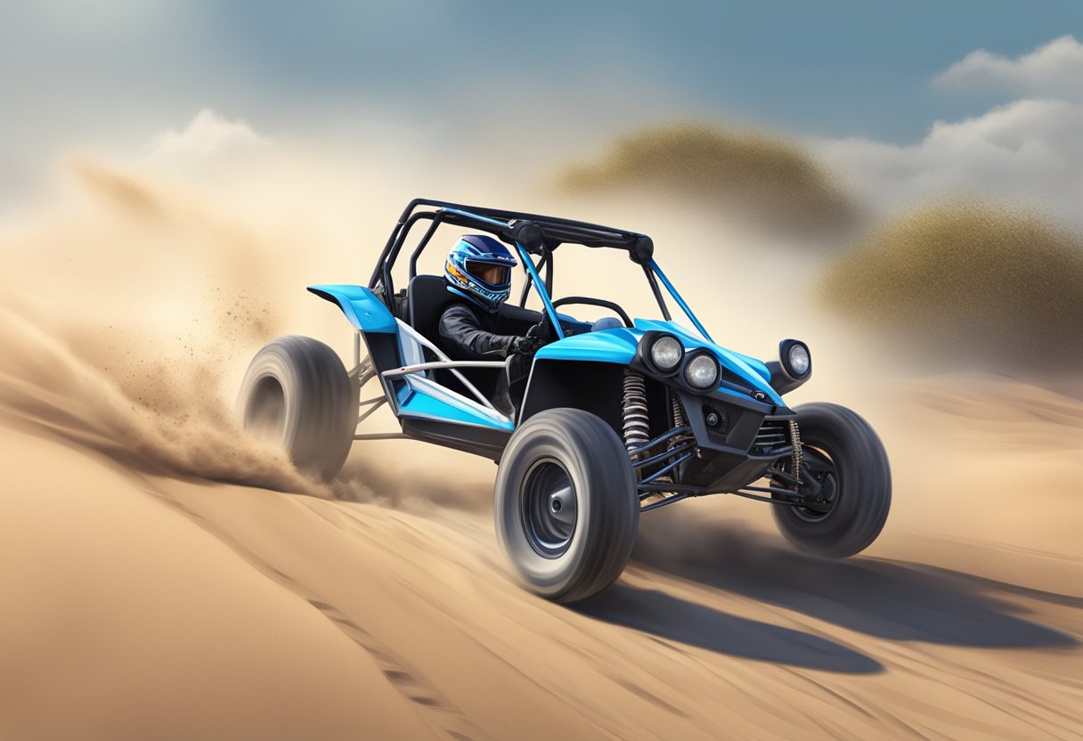 A 250cc dune buggy zooms across the sandy terrain, kicking up a trail of dust as it reaches top speeds