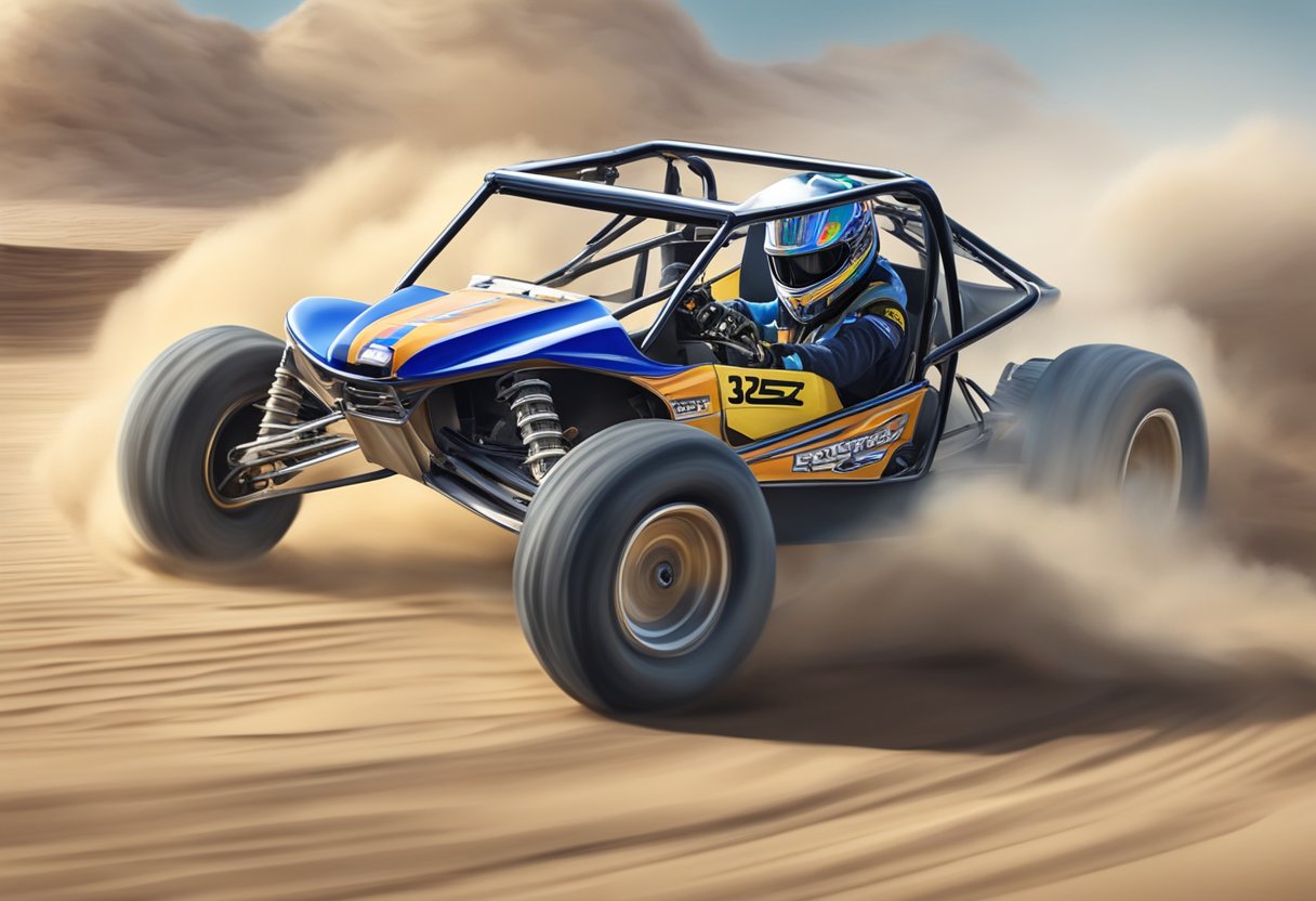 A 150cc dune buggy speeds past other engine classes on a sandy track, kicking up clouds of dust as it races towards the finish line