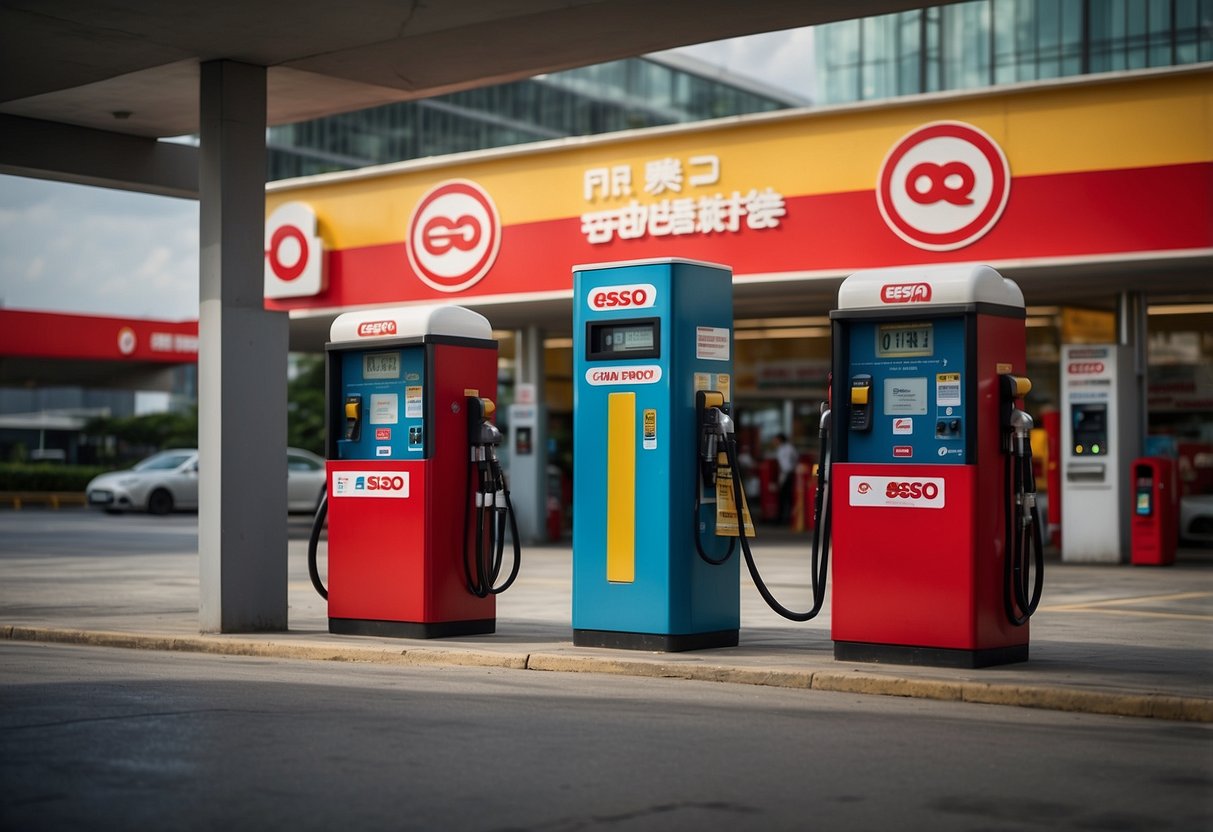 A colorful banner with "Frequently Asked Questions" and "Esso Promotions Singapore" text, surrounded by fuel pumps and happy customers