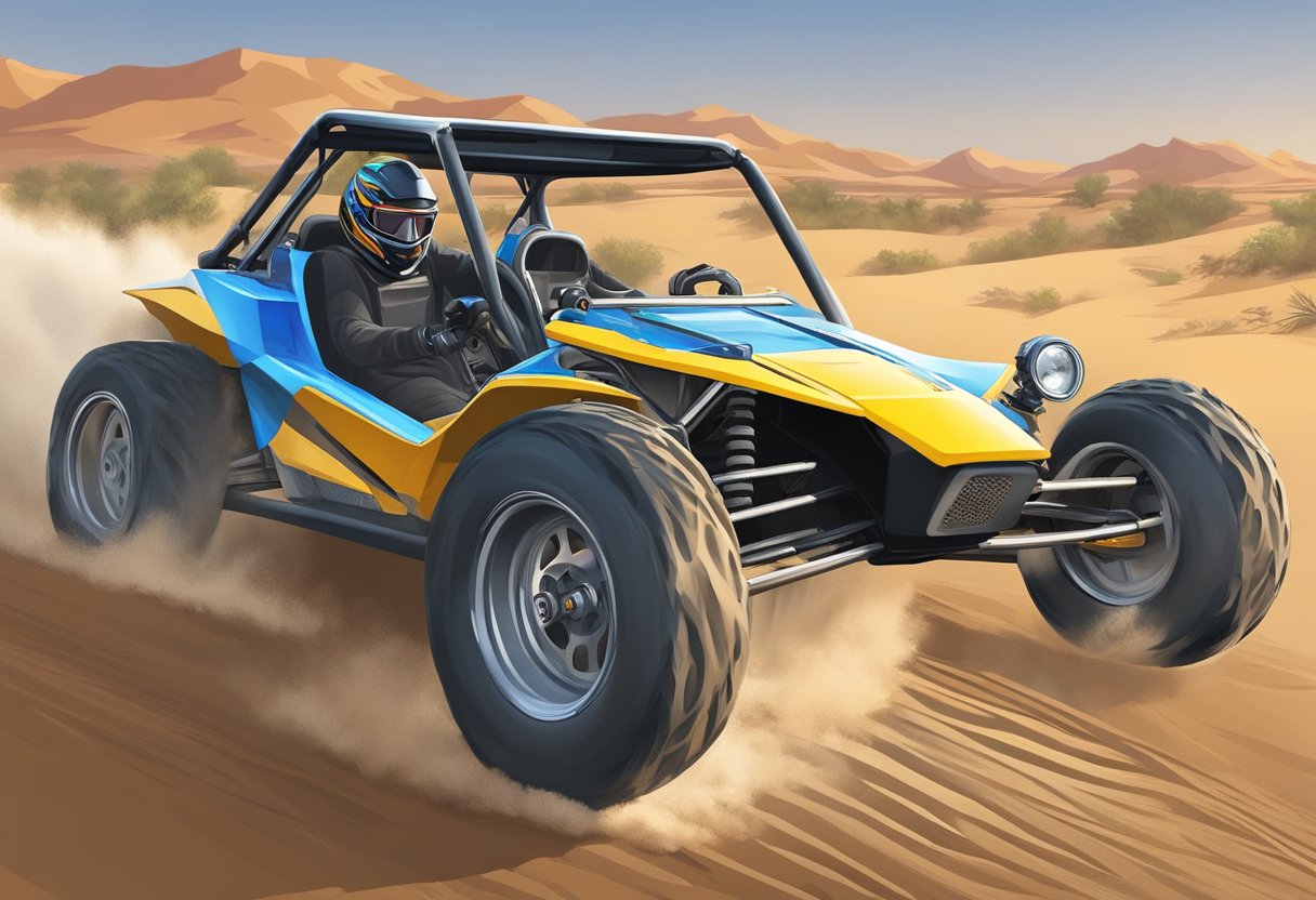 A 250cc dune buggy races across the desert, kicking up sand and leaving a trail of dust in its wake. The driver grips the steering wheel tightly as the buggy reaches high speeds, navigating through the rugged terrain with precision and control